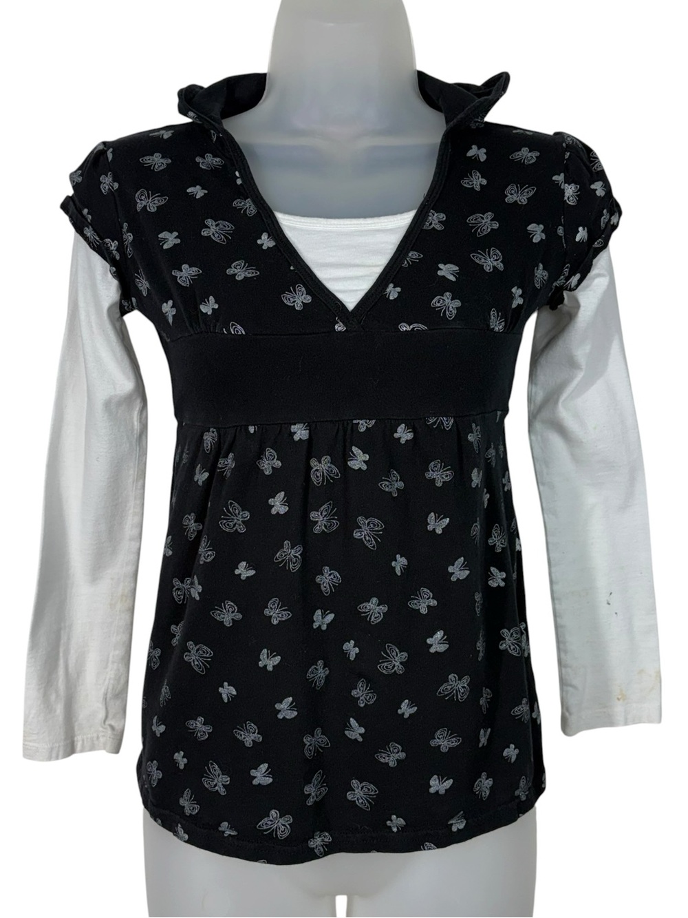 Periscope Vintage Y2K Babydoll Fit Hooded Butterfly Print Layered T-Shirt Large
